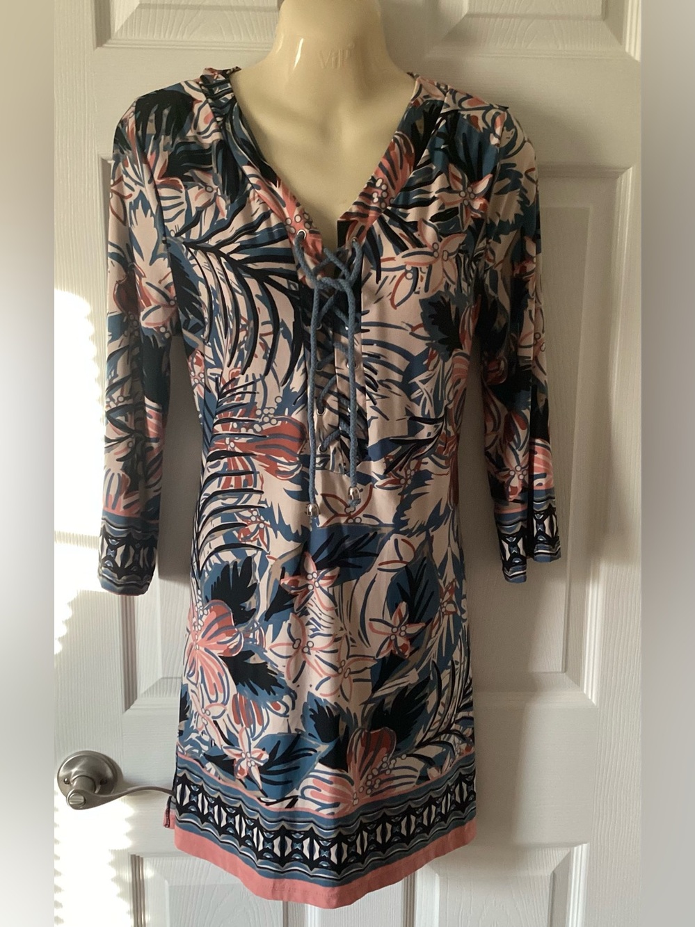 SANDIVA tunic dress swim coverup Sz M EUC tropical floral lace-up  resortwear